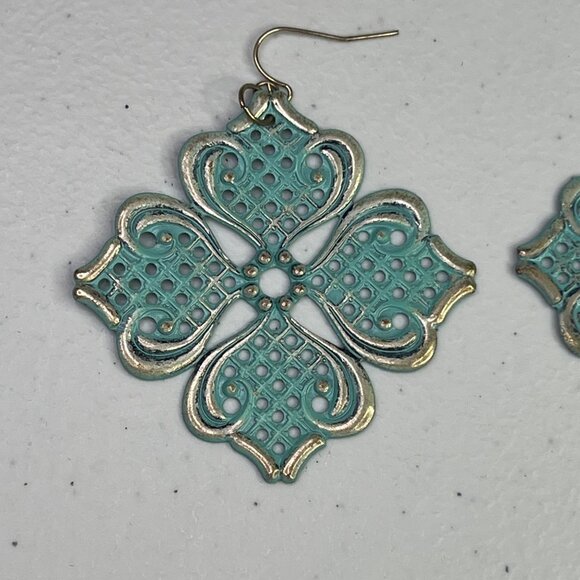 Ornate Filigree Mint Green Floral Earrings With Gold-Tone Accents For Women - Picture 6 of 8